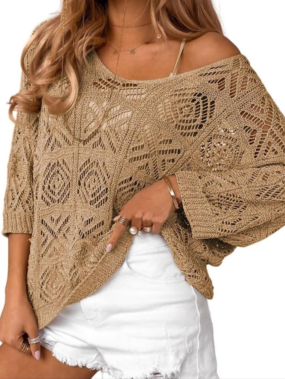 Dokotoo Women's Boho Crochet Knit Off-Shoulder Sweater, Tan 3/4 Sleeves, Size M